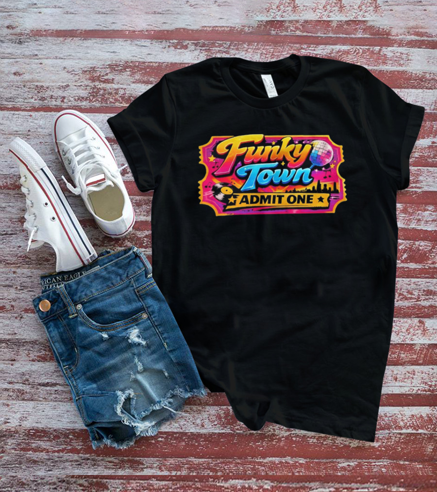 Funky Town Admit One Disco Ticket Skyline Vinyl Record T-Shirt