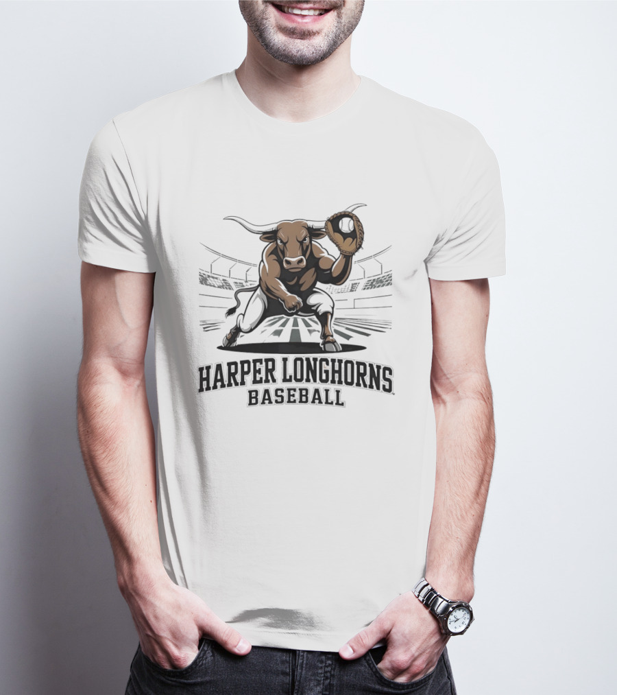 Harper Longhorns Baseball Fierce Bull Mascot Stadium Scene T-Shirt