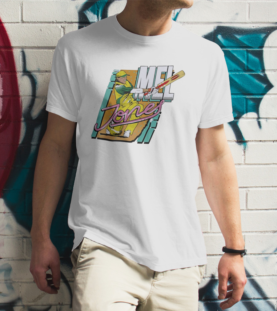 Mel Jones Cricket Caricature Batting Legend In Green And Gold T-Shirt