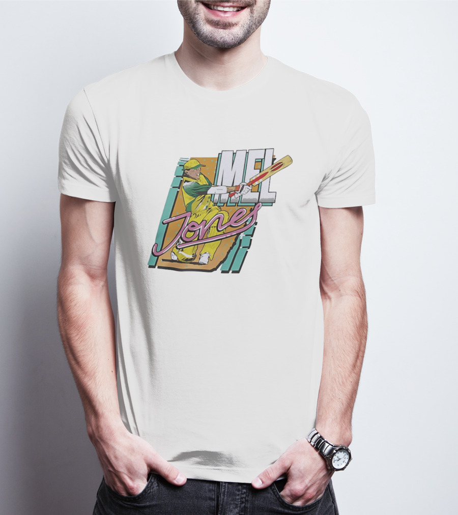Mel Jones Cricket Caricature Batting Legend In Green And Gold T-Shirt