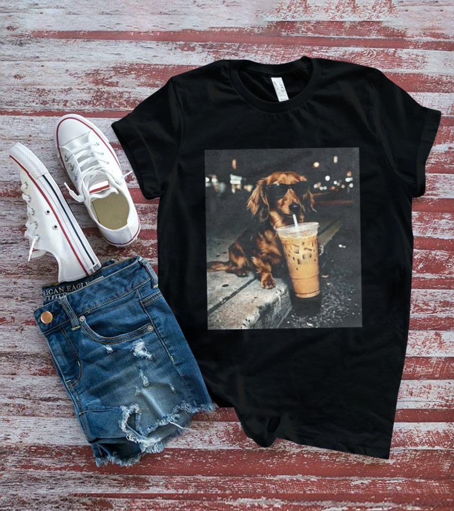 Dachshund Enjoying Iced Coffee With Sunglasses T-Shirt