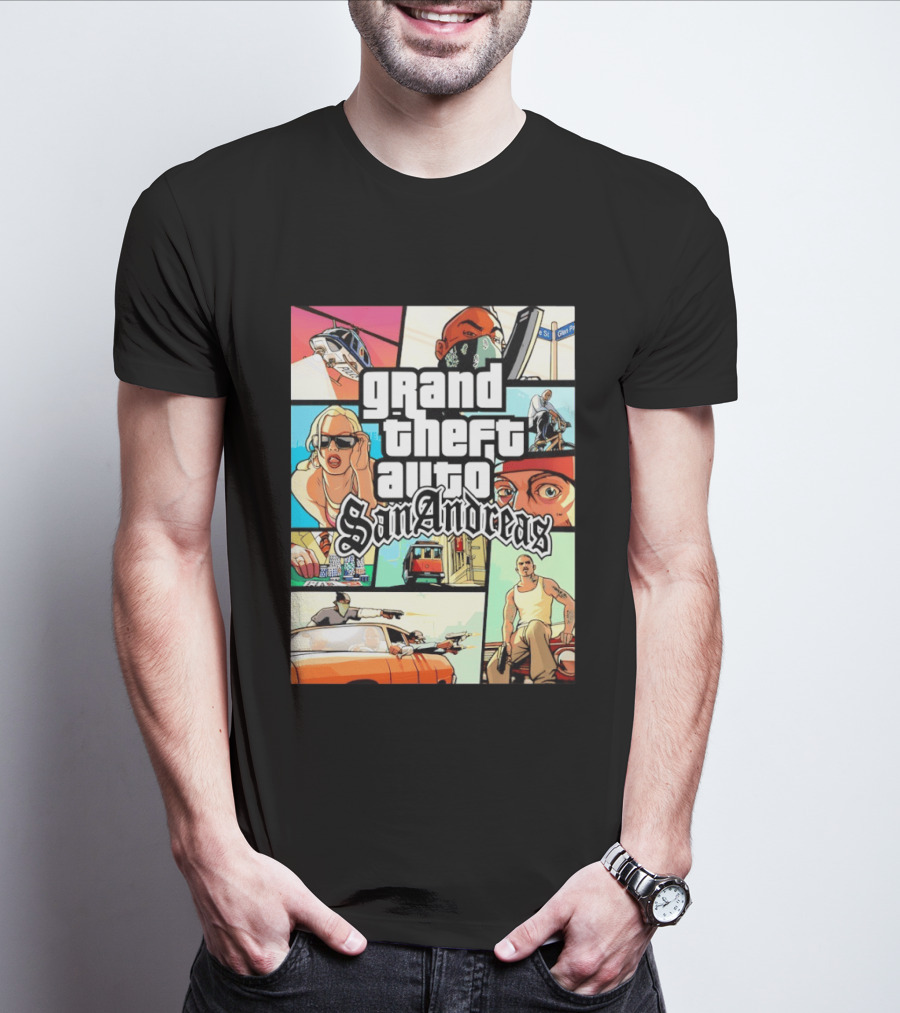 Grand Theft Auto San Andreas Art Collage Characters Scenes T-Shirt