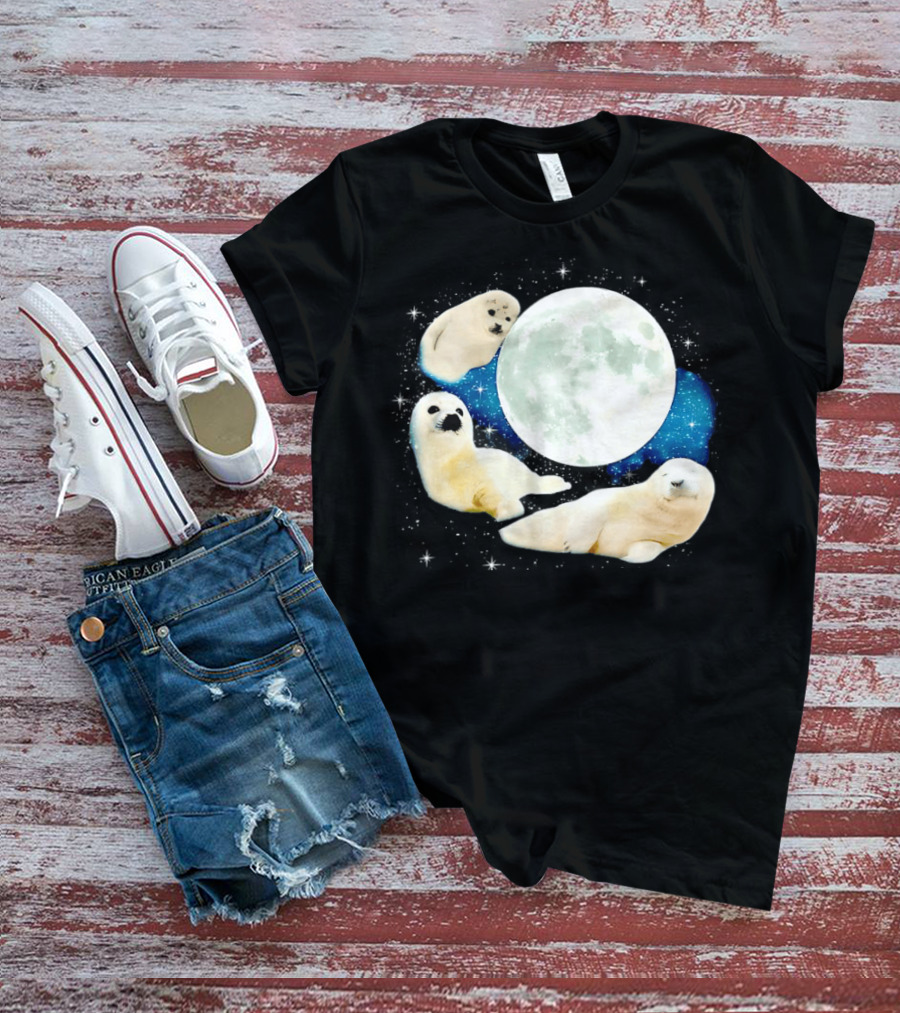 Adorable Seals Playfully Resting Under A Radiant Full Moonlit Sky With Cosmic Backdrop T-Shirt