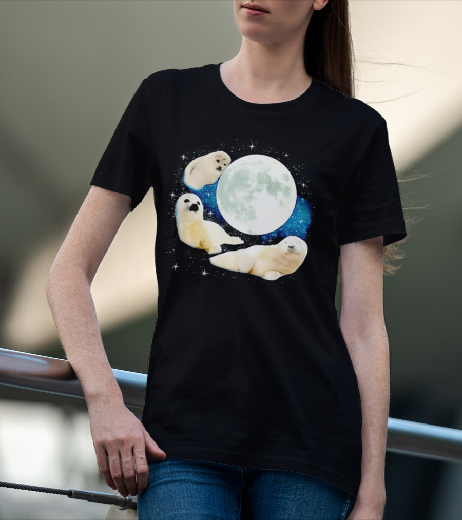 Adorable Seals Playfully Resting Under A Radiant Full Moonlit Sky With Cosmic Backdrop T-Shirt