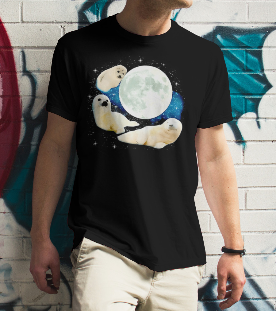 Adorable Seals Playfully Resting Under A Radiant Full Moonlit Sky With Cosmic Backdrop T-Shirt