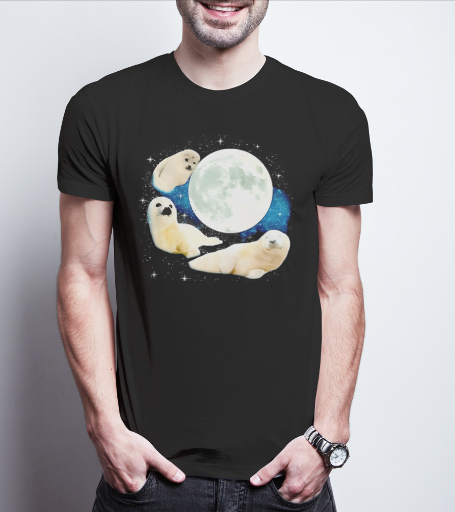 Adorable Seals Playfully Resting Under A Radiant Full Moonlit Sky With Cosmic Backdrop T-Shirt