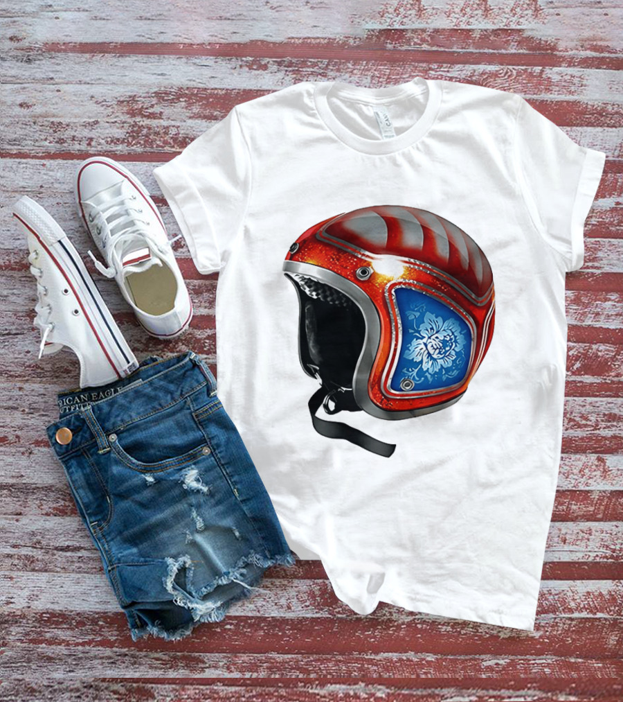Blue Bloom Racer Helmet Red White Stripes Floral Blossom T-Shirt