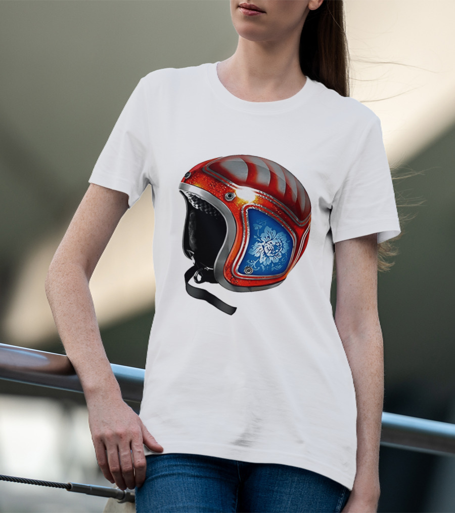 Blue Bloom Racer Helmet Red White Stripes Floral Blossom T-Shirt