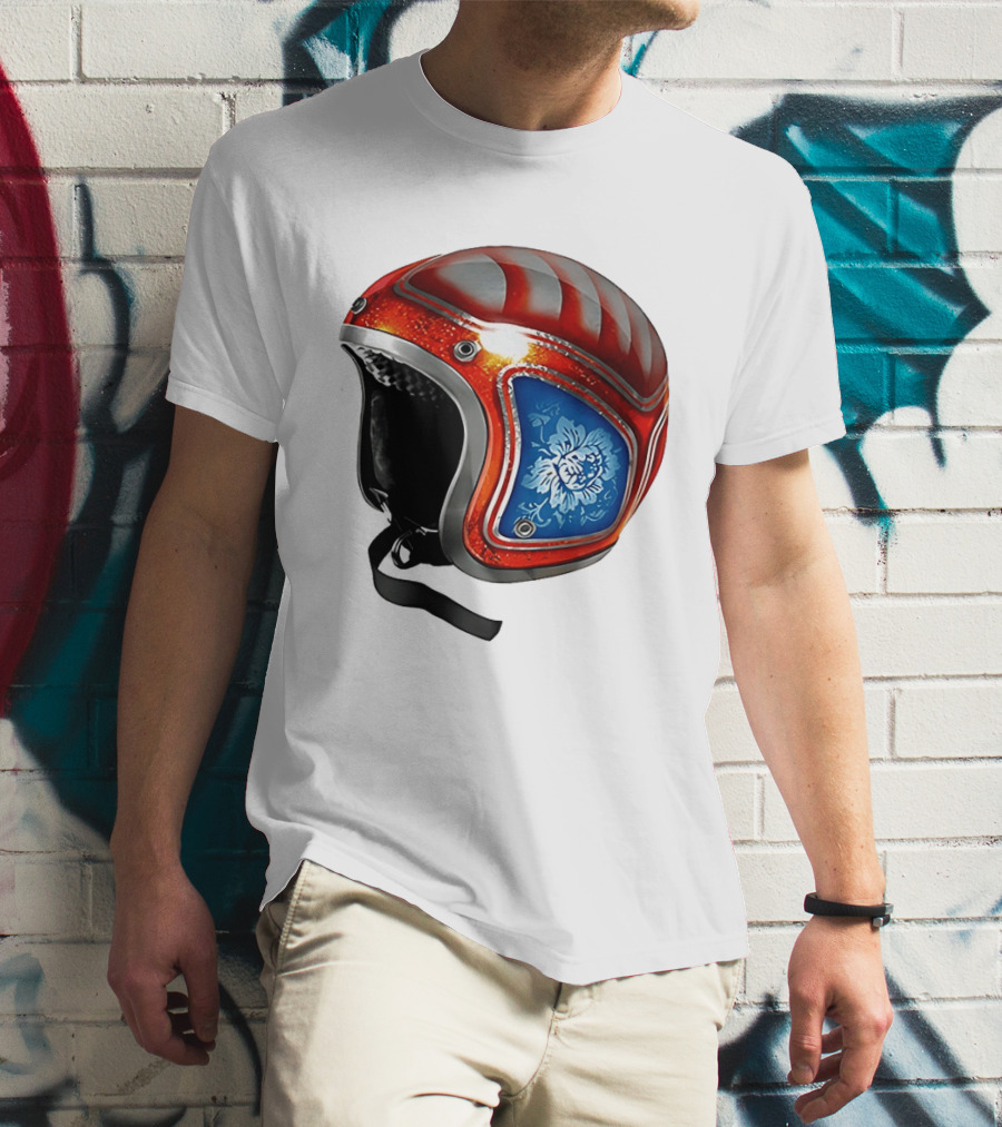 Blue Bloom Racer Helmet Red White Stripes Floral Blossom T-Shirt