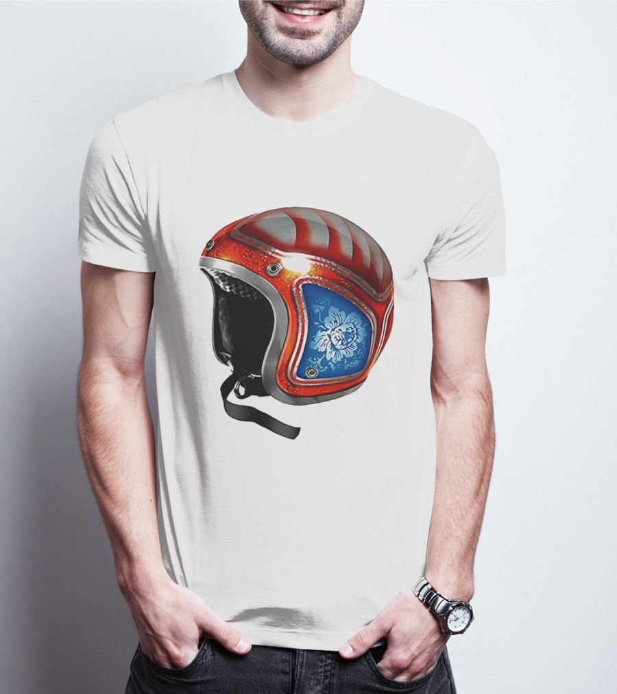 Blue Bloom Racer Helmet Red White Stripes Floral Blossom T-Shirt