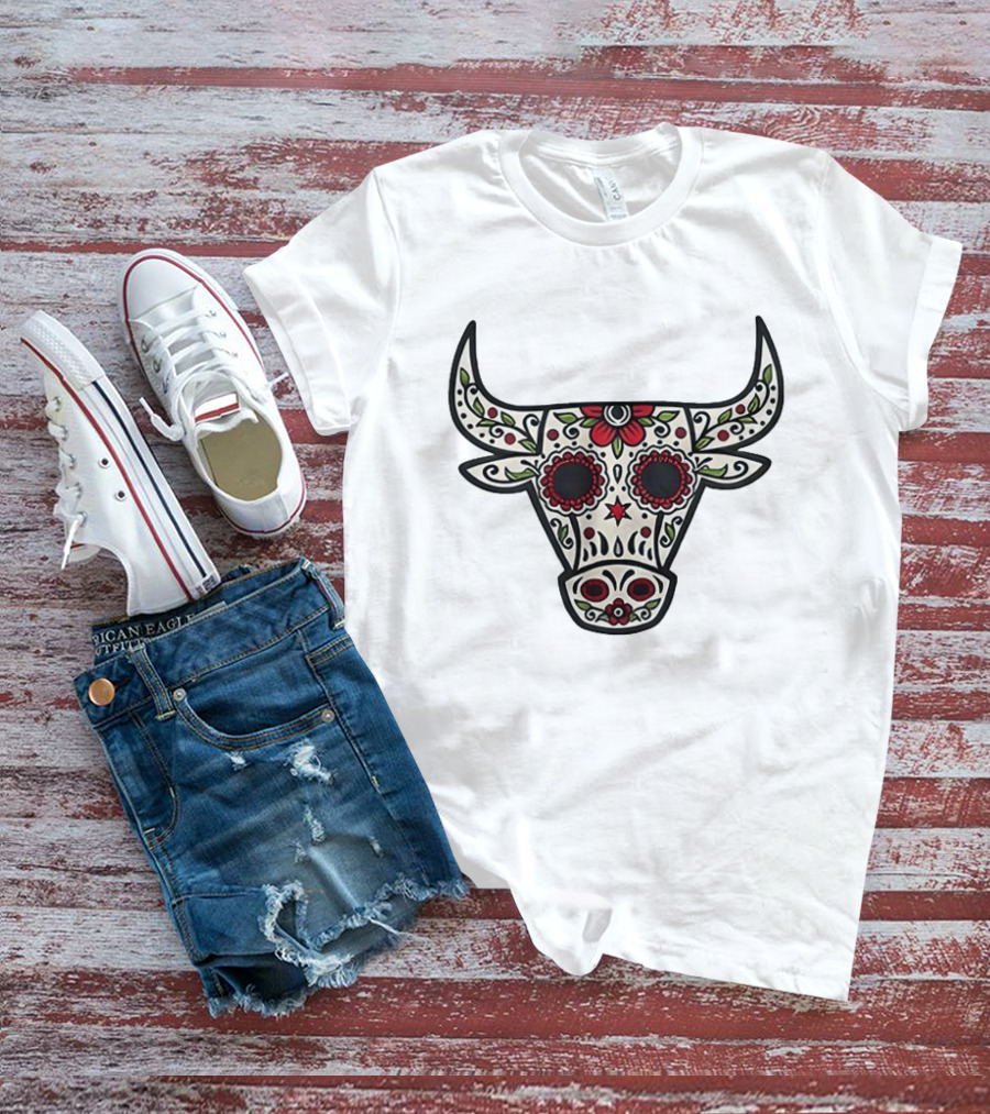 Sacred Bull Sugar Skull Floral Motif T-Shirt