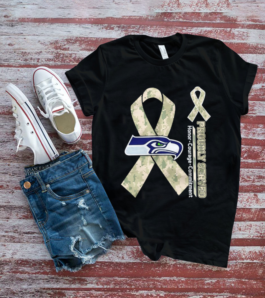 Seattle Seahawks Military Appreciation Proudly Served Honor Courage Commitment Ribbon T-Shirt