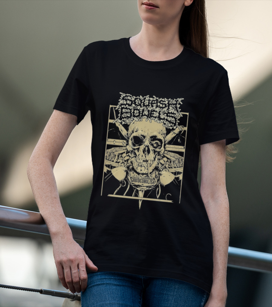 Squash Bowels Grindcoholism Skull With Crossbones And Spine T-Shirt