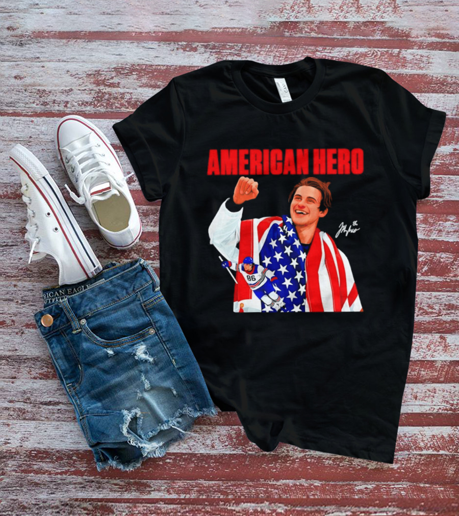 American Hero Jack Hughes USA Flag Hockey T-Shirt