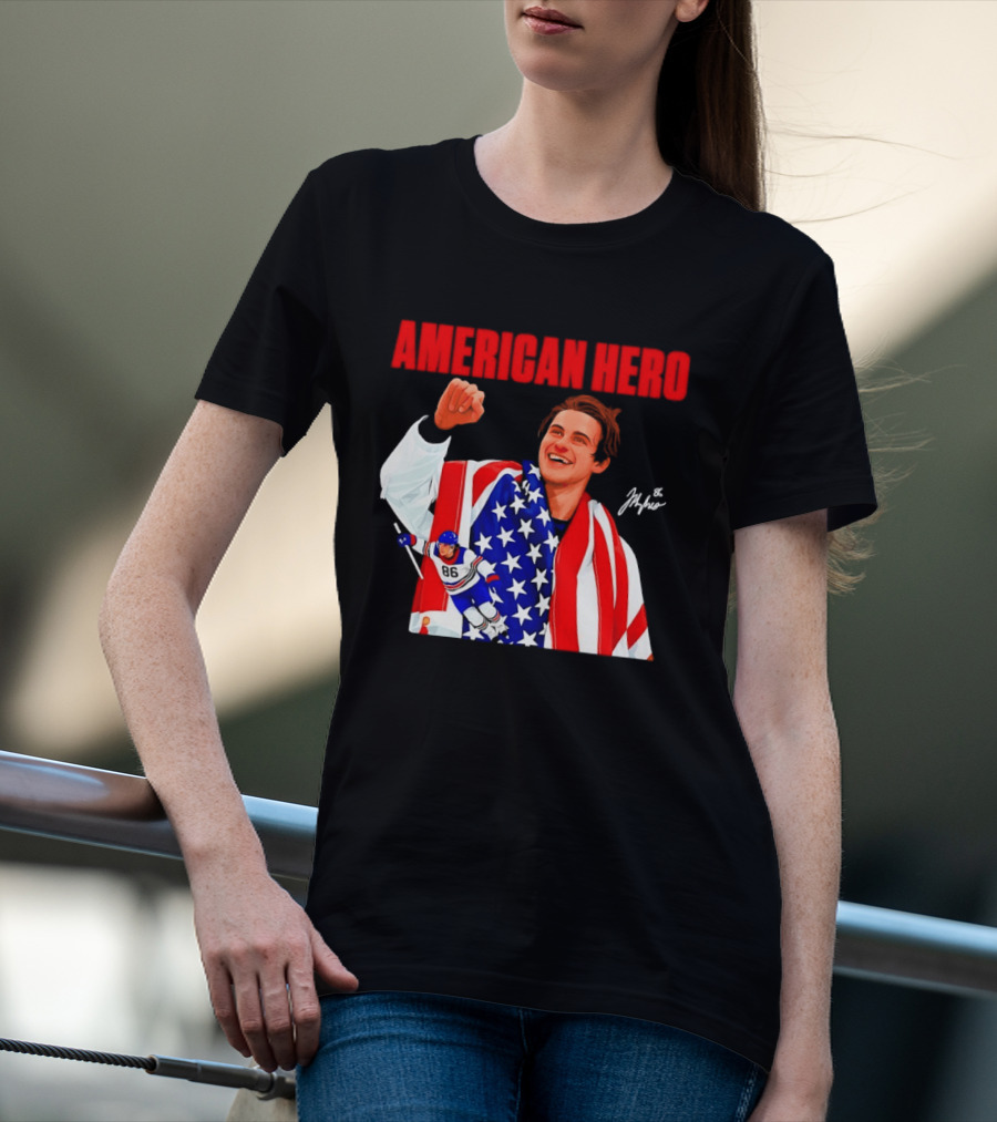 American Hero Jack Hughes USA Flag Hockey T-Shirt