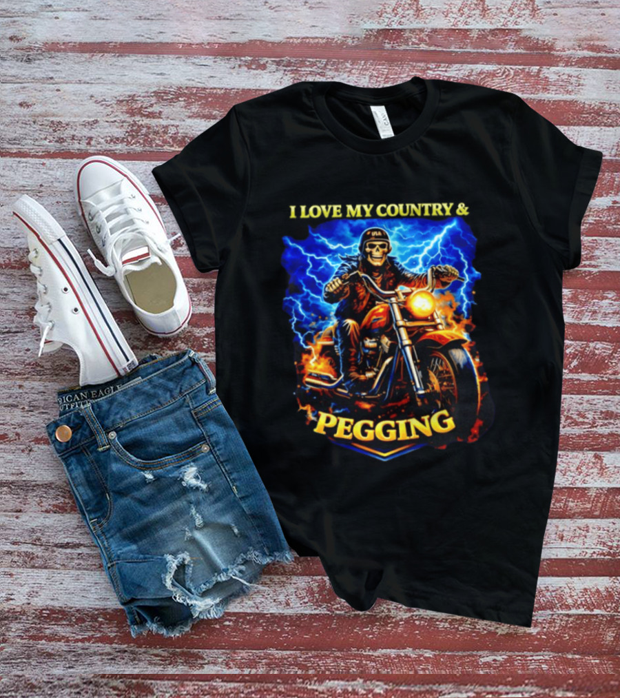 Skeleton USA Biker Riding Motorcycle I Love My Country Pegging T-Shirt