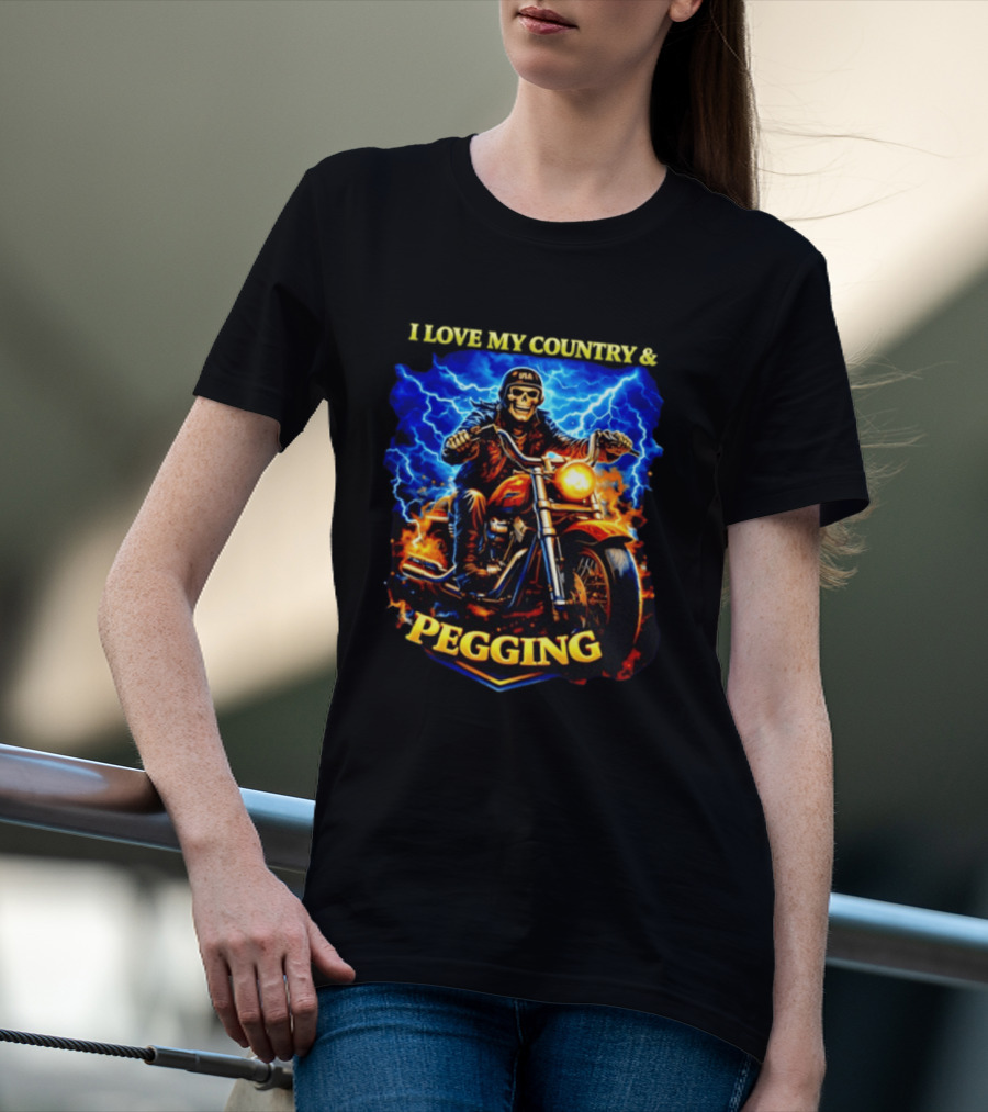 Skeleton USA Biker Riding Motorcycle I Love My Country Pegging T-Shirt