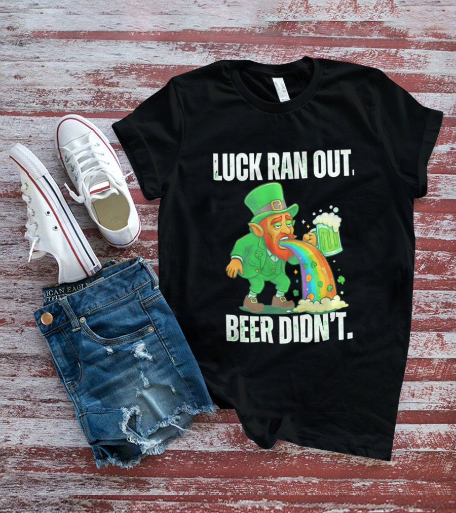 Leprechaun Drinking Beer Vomiting Rainbow Luck Ran Out St. Patrick's Day T-Shirt