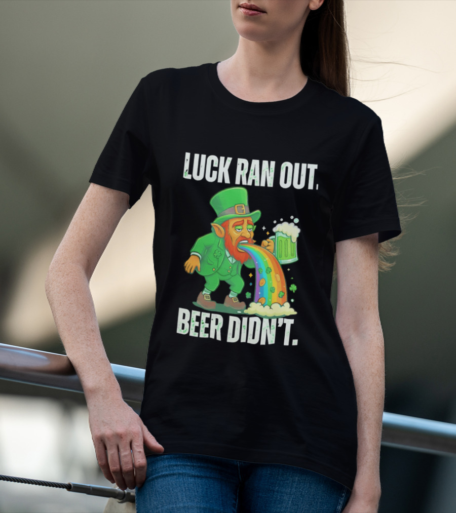 Leprechaun Drinking Beer Vomiting Rainbow Luck Ran Out St. Patrick's Day T-Shirt