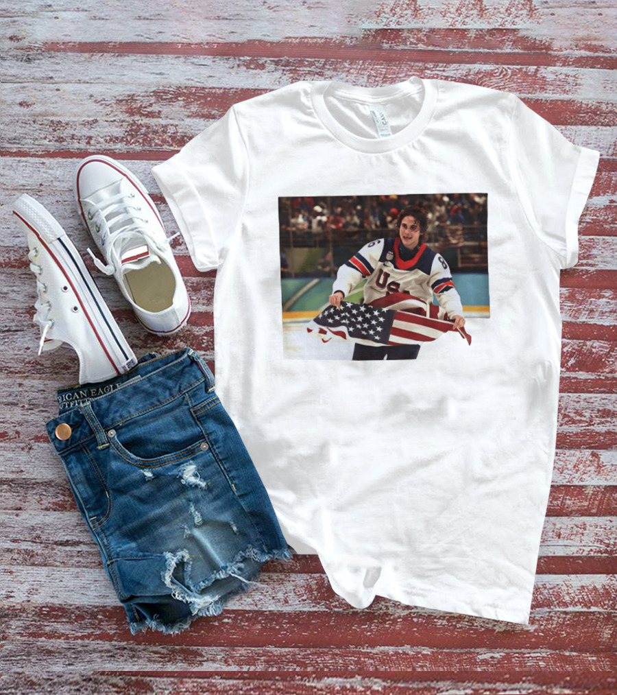 USA Hockey Jack Hughes American Flag Celebration T-Shirt
