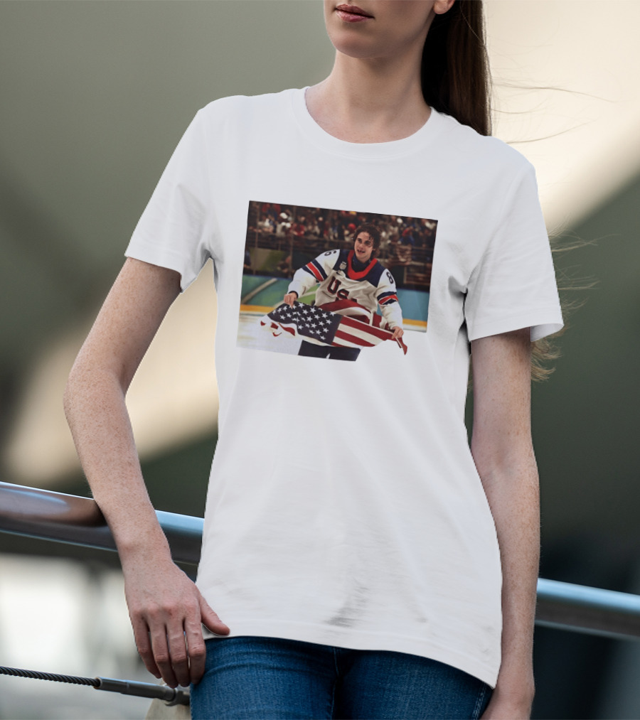 USA Hockey Jack Hughes American Flag Celebration T-Shirt