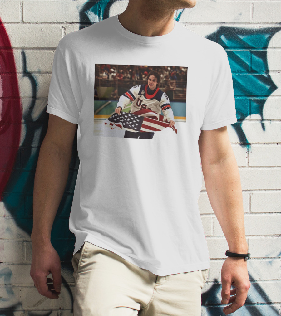USA Hockey Jack Hughes American Flag Celebration T-Shirt