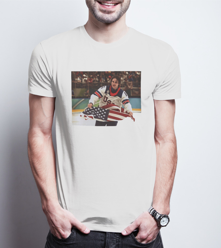 USA Hockey Jack Hughes American Flag Celebration T-Shirt