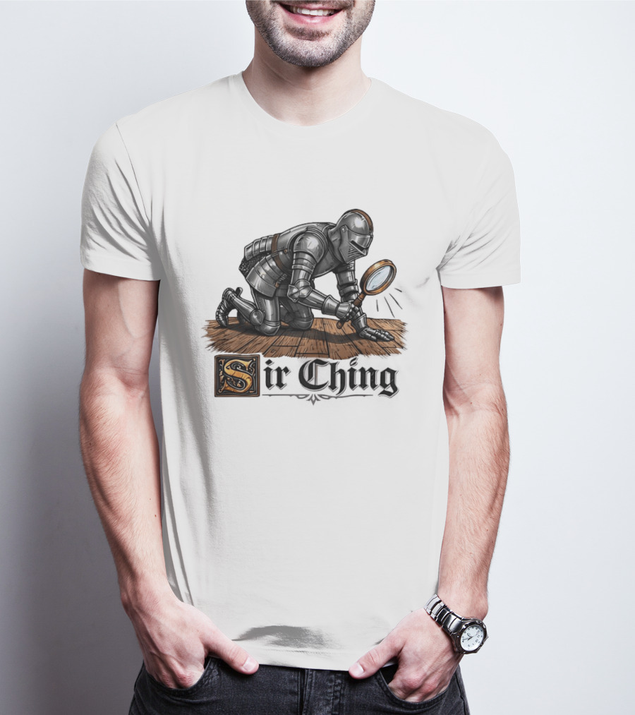 Sir Ching Medieval Knight With Magnifying Glass On Wooden Floor T-Shirt