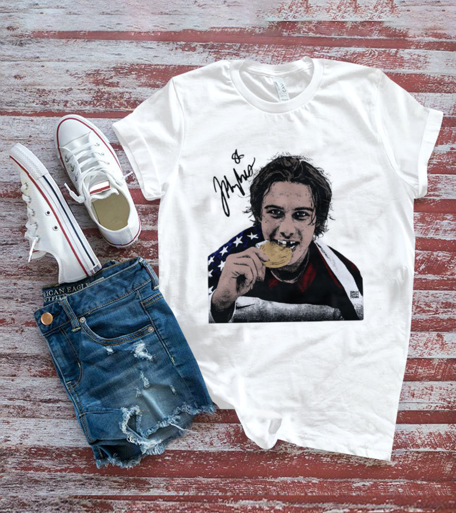 USA Hockey Jack Hughes Gold Medal Bite American Flag T-Shirt