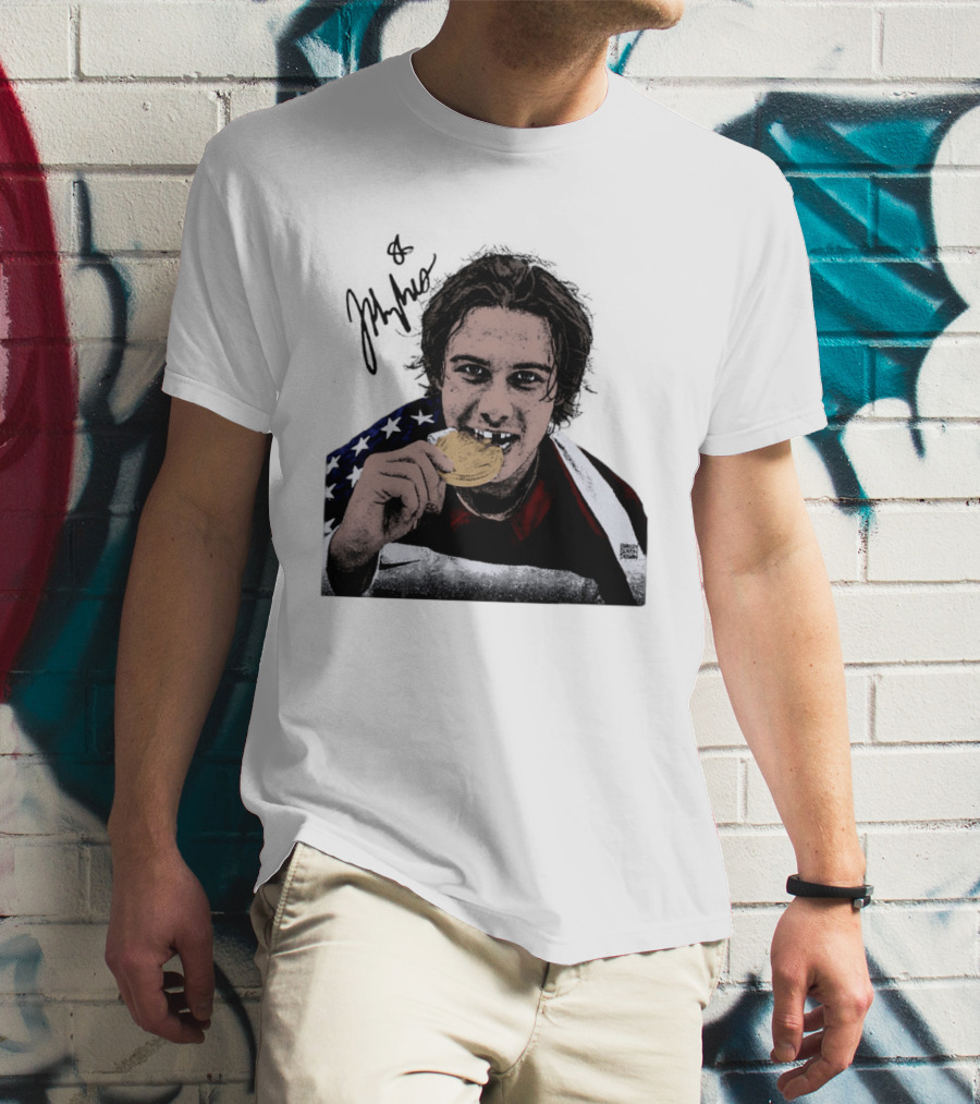 USA Hockey Jack Hughes Gold Medal Bite American Flag T-Shirt