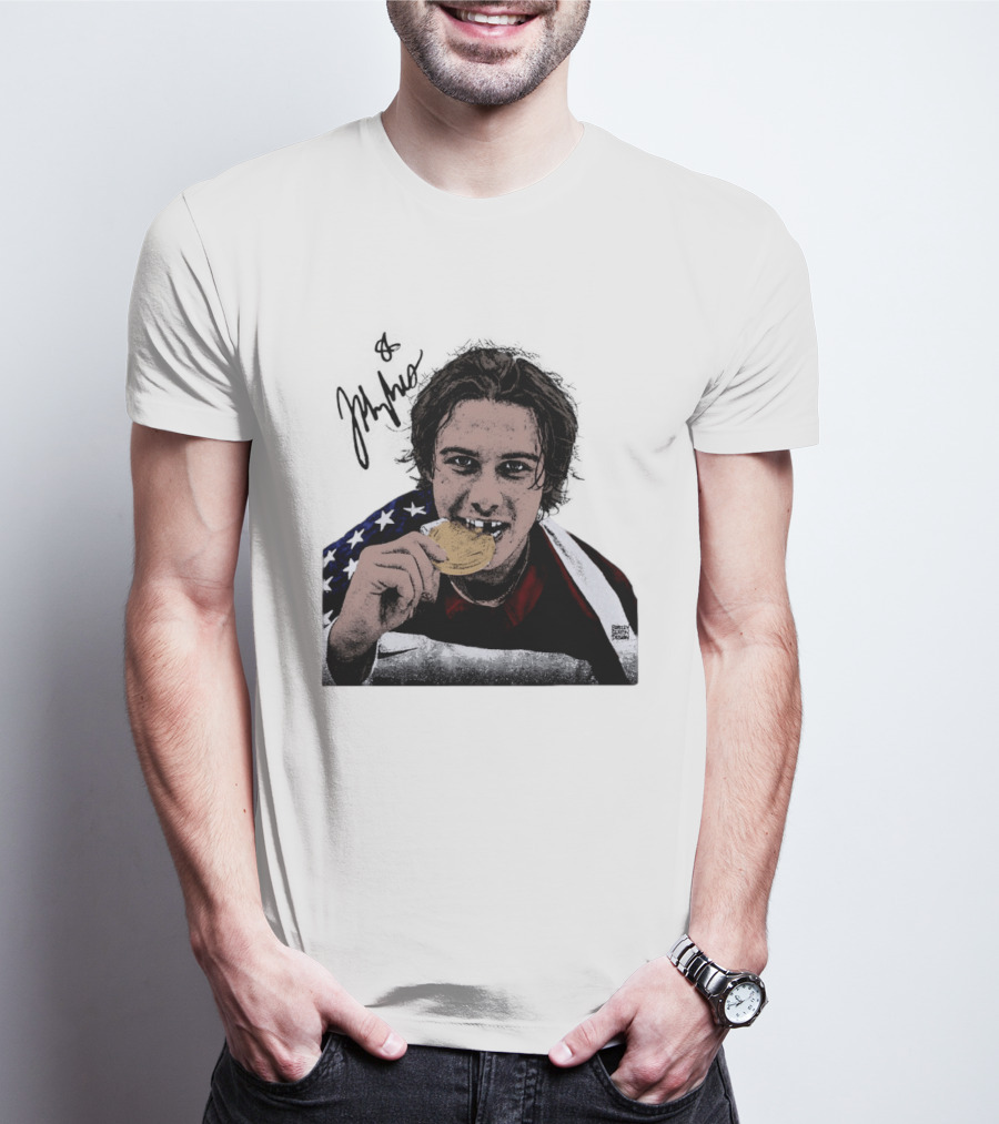 USA Hockey Jack Hughes Gold Medal Bite American Flag T-Shirt