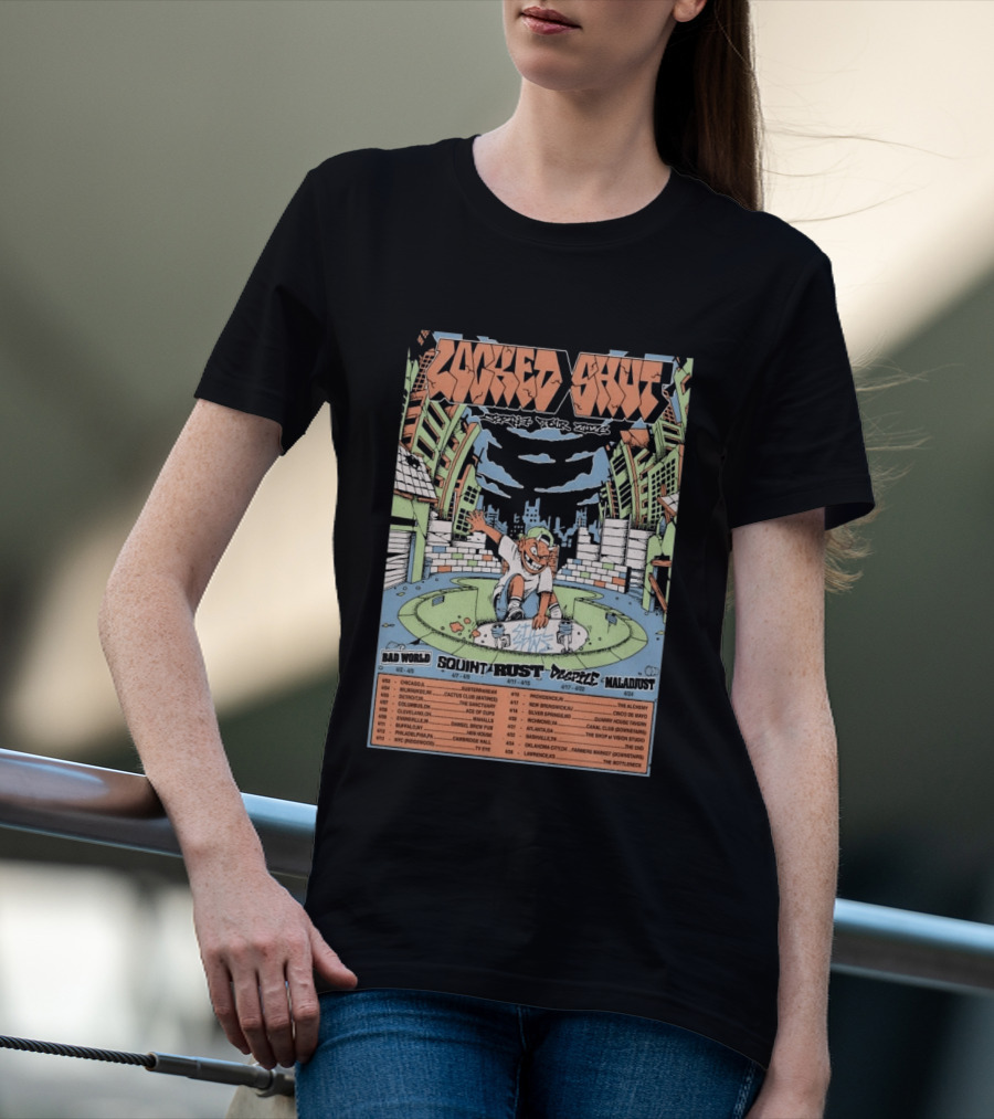 LOCKED SHUT Tour Spring 2026 Skateboarder Urban Scene Bad World Squint Rust Deplete Maladjust Dates T-Shirt