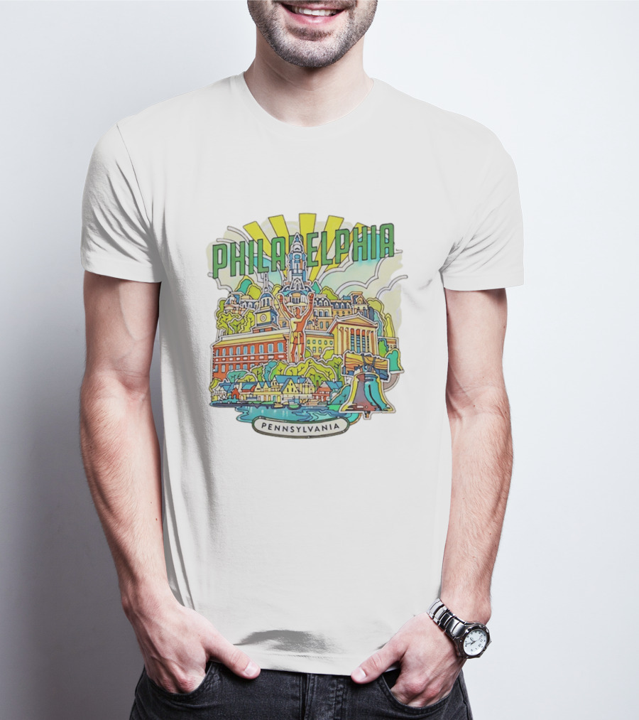 Philadelphia Pennsylvania Skyline Landmark Icons Liberty Bell Art Deco T-Shirt