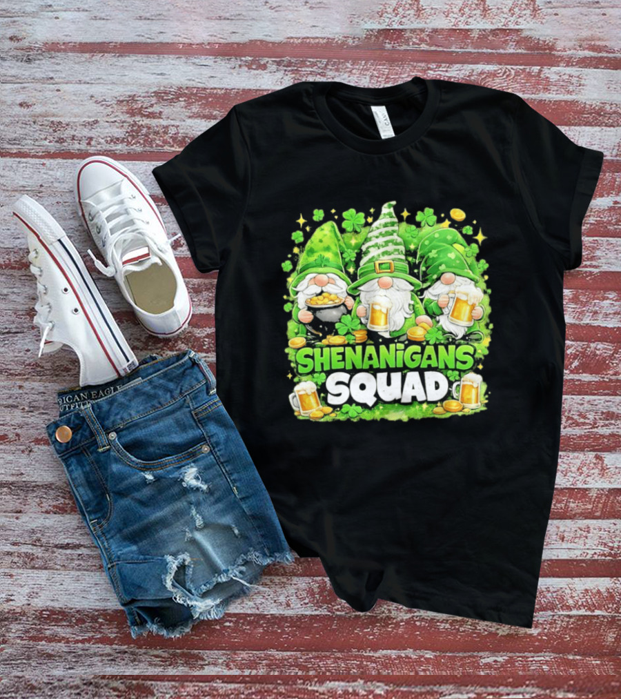 Shenanigans Squad St Patrick's Day Irish Gnomes Beer S And Clover Coins T-Shirt