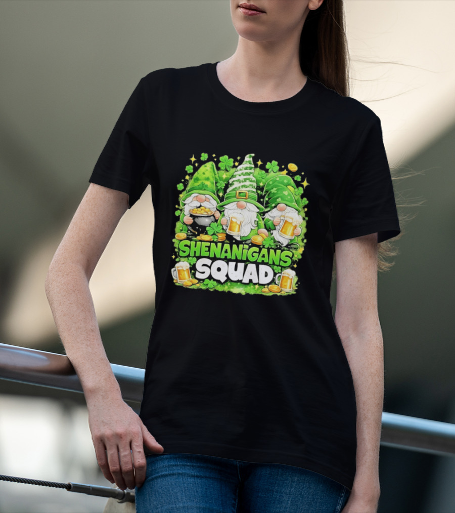Shenanigans Squad St Patrick's Day Irish Gnomes Beer S And Clover Coins T-Shirt