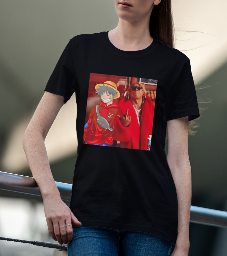 Lil Gum Monkey D. Luffy And Rapper Red Coat Outfit Fusion T-Shirt