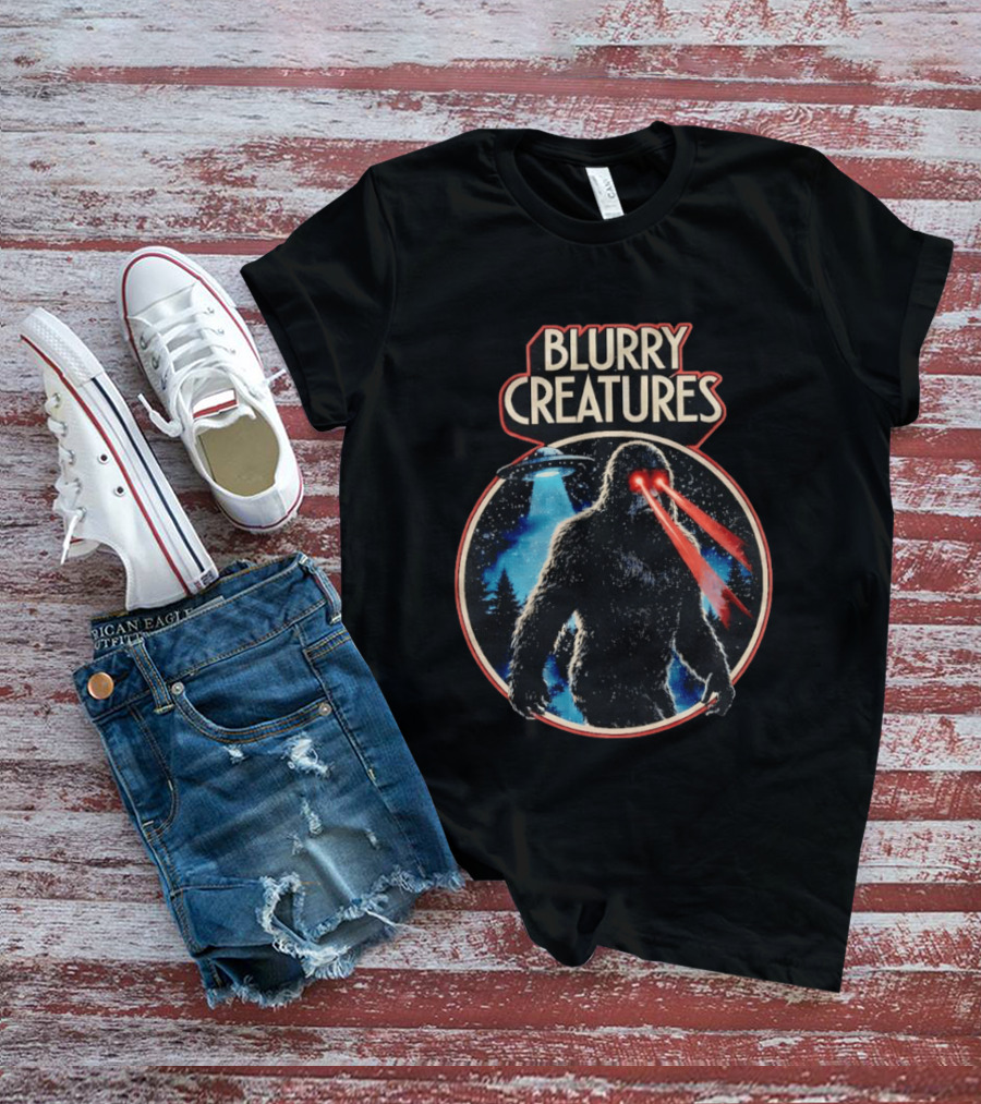 Blurry Creatures Bigfoot Laser Eyes UFO Forest T-Shirt