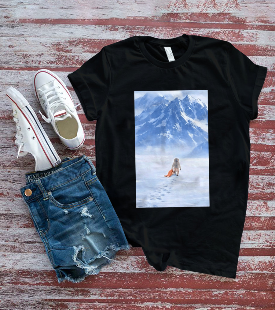 Monkey Holding Stuffed Monkey Alone Walking In Snowy Mountains T-Shirt