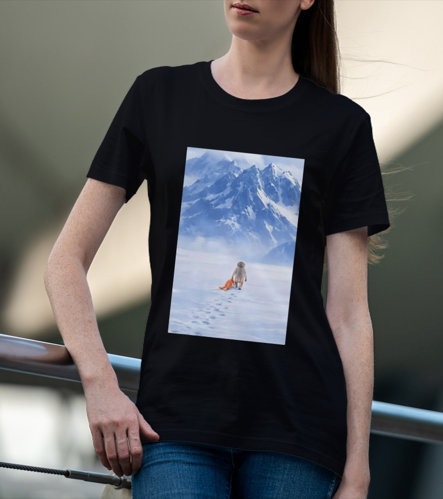 Monkey Holding Stuffed Monkey Alone Walking In Snowy Mountains T-Shirt