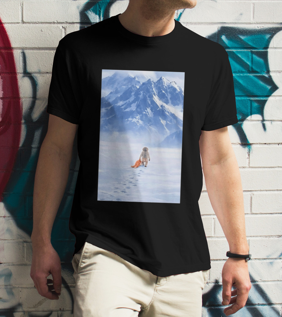 Monkey Holding Stuffed Monkey Alone Walking In Snowy Mountains T-Shirt