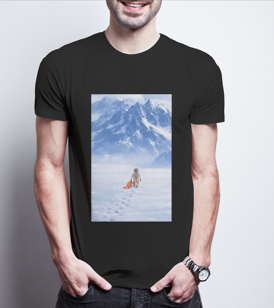Monkey Holding Stuffed Monkey Alone Walking In Snowy Mountains T-Shirt
