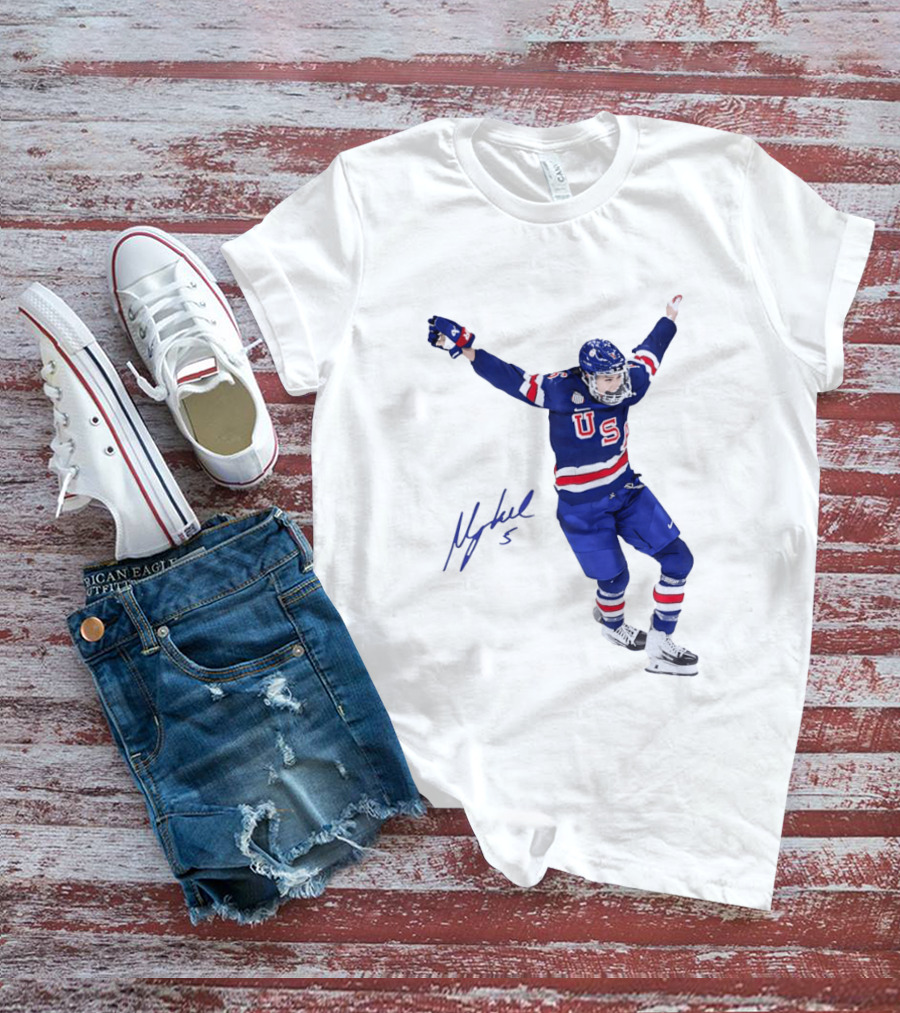 USA Team Hockey Megan Keller Blue Uniform Celebration T-Shirt
