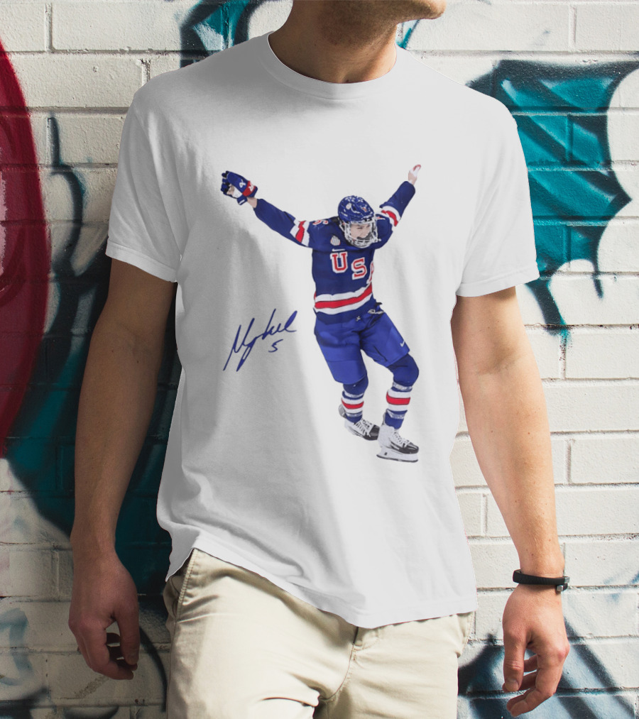 USA Team Hockey Megan Keller Blue Uniform Celebration T-Shirt