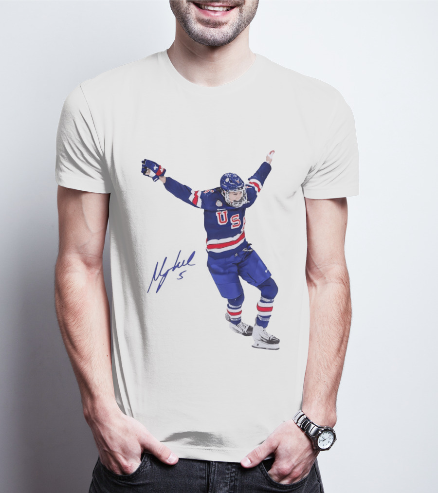 USA Team Hockey Megan Keller Blue Uniform Celebration T-Shirt