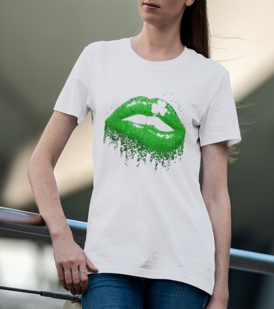 St Patrick's Day Green Lips Shamrock Shape T-Shirt