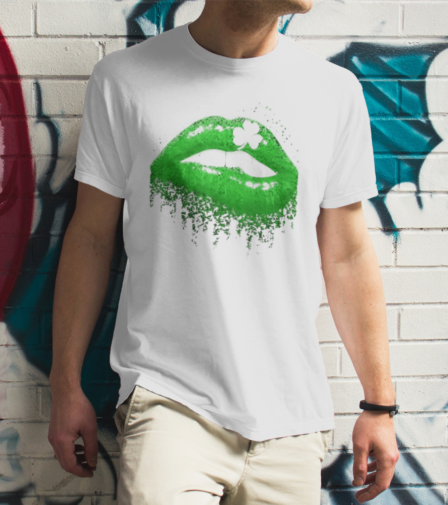 St Patrick's Day Green Lips Shamrock Shape T-Shirt