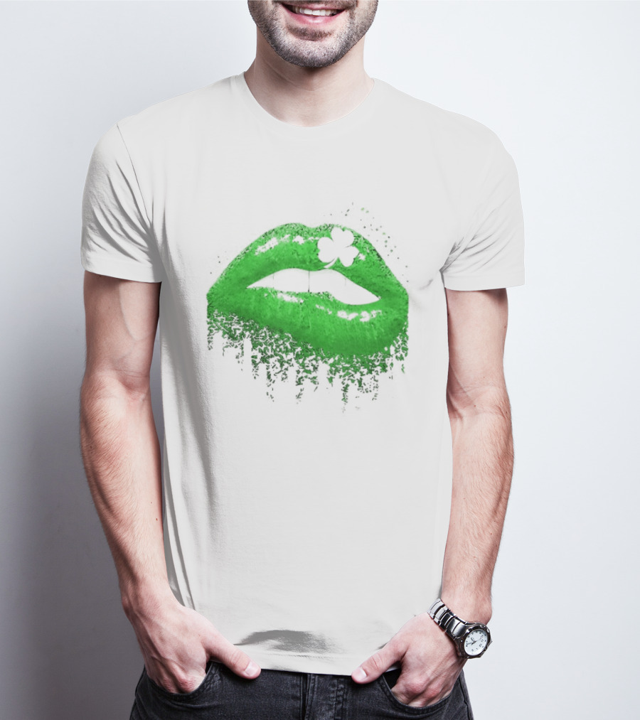 St Patrick's Day Green Lips Shamrock Shape T-Shirt