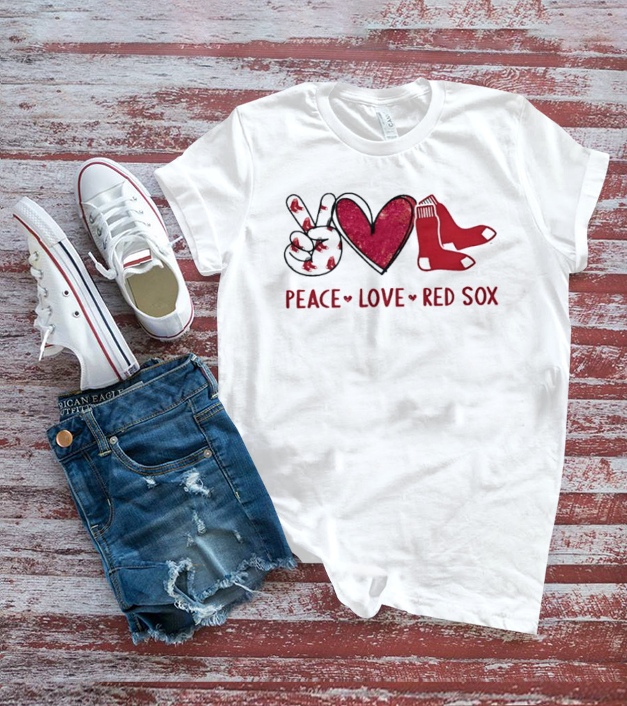 Peace Love Red Sox Hand Sign Heart Shape Socks T-Shirt