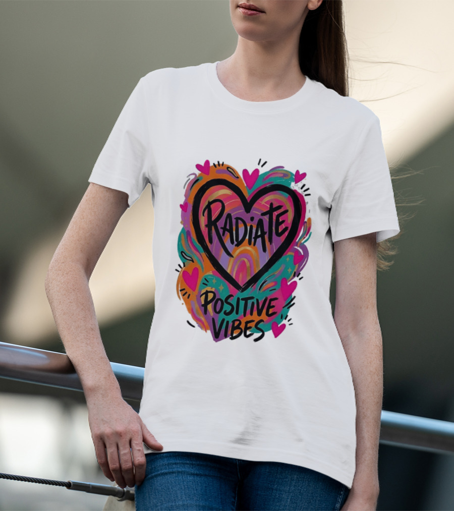 Radiate Positive Vibes Colorful Heart Shape T-Shirt
