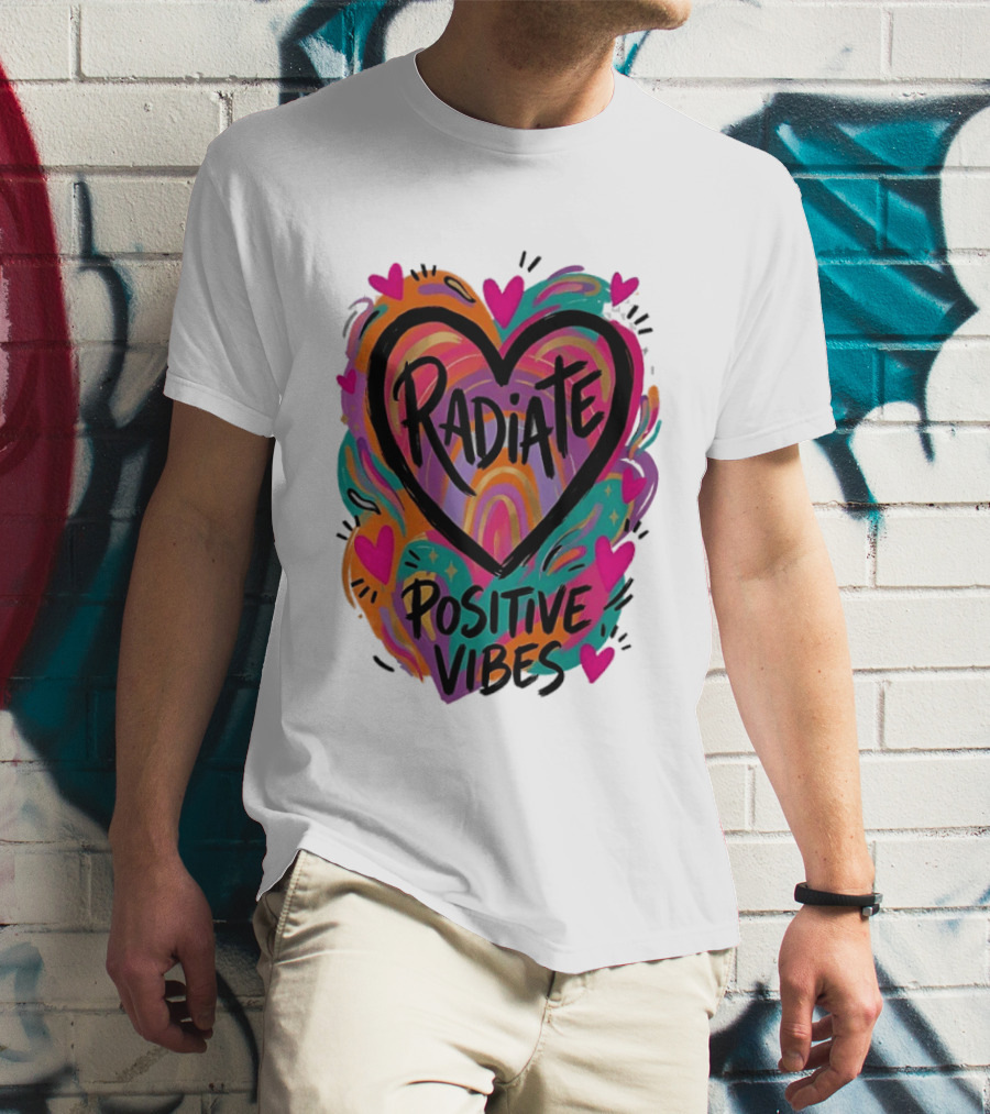 Radiate Positive Vibes Colorful Heart Shape T-Shirt